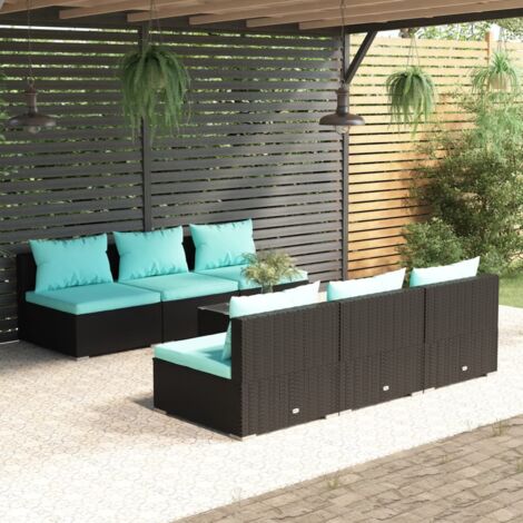 7-tlg. Garten-Lounge-Set mit Auflagen Poly Rattan Schwarz vidaXL