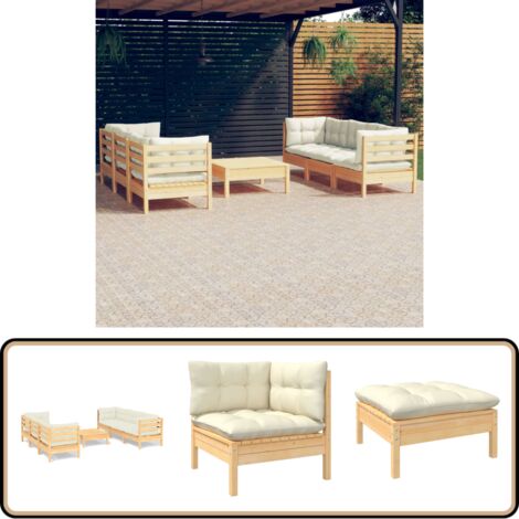 7-tlg. Garten-Lounge-Set mit Creme Kissen Kiefernholz - Gartenmöbeln - Loungemöbel - Outdoor Möbel - Rattan Gartenmöbel - Kiefernholz Gartenmöbel
