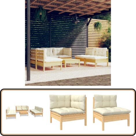 7-tlg. Garten-Lounge-Set mit Creme Kissen Massivholz Kiefer - Garten Lounge Set - Kiefernholzmöbel - Outdoor Möbel - Gartengeräte - Loungemöbel