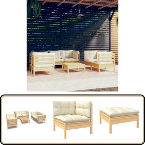 7-tlg. Garten-Lounge-Set mit Creme Kissen Massivholz Kiefer - Garten Lounge Set - Kiefernholzmöbel - Outdoor Möbel - Gartenmöbel - Loungemöbel