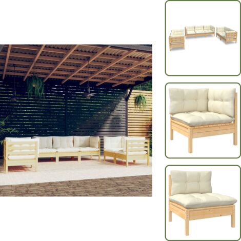 7-tlg. Garten-Lounge-Set mit Creme Kissen Massivholz Kiefer - Garten Lounge Set - Kiefernholzmöbel - Outdoor Möbel - Gartenzubehör - Loungemöbel