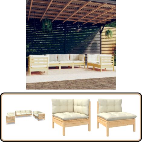 7-tlg. Garten-Lounge-Set mit Creme Kissen Massivholz Kiefer - Garten Lounge Set - Kiefernholzmöbel - Outdoor Möbel - Gartenzubehör - Loungemöbel