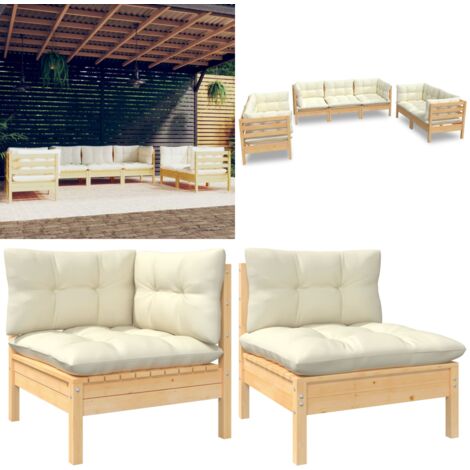 7-tlg. Garten-Lounge-Set mit Creme Kissen Massivholz Kiefer - Garten Lounge Set - Kiefernholzmöbel - Outdoor Möbel - Gartenzubehör - Loungemöbel - Home & Living