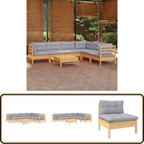 7-tlg. Garten-Lounge-Set mit Grauen Kissen Kiefer Massivholz - Garten Lounge Set - Kiefernholzmöbel - Outdoor Möbel - Gartentisch - Gartenstuhl