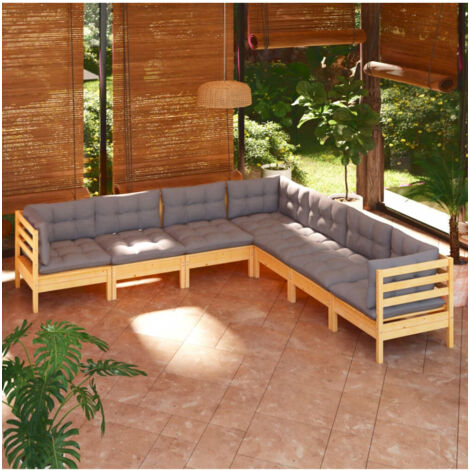 7-tlg. Garten-Lounge-Set mit Grauen Kissen Kiefer Massivholz vidaXL