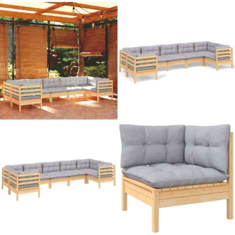 7-tlg. Garten-Lounge-Set mit Grauen Kissen Kiefernholz - Garten Lounge Set - Kiefernholz Möbel - Outdoor Furniture - Loungemöbel - Gartenmöbel - Home & Living