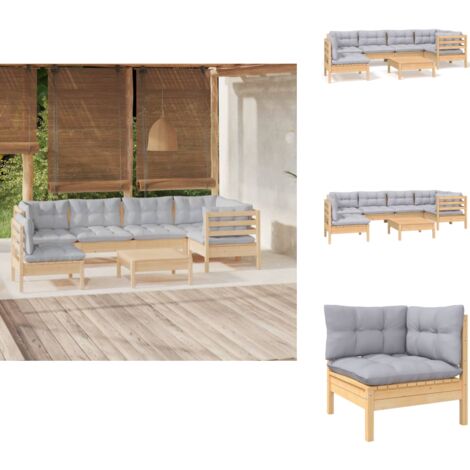7-tlg. Garten-Lounge-Set mit Grauen Kissen Kiefernholz - Garten Lounge Set - Kiefernholz Möbel - Outdoor Möbel - Loungemöbel - Gartenmöbel