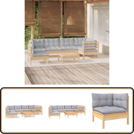 7-tlg. Garten-Lounge-Set mit Grauen Kissen Kiefernholz - Garten Lounge Set - Kiefernholz Möbel - Outdoor Möbel - Loungemöbel - Gartenmöbel