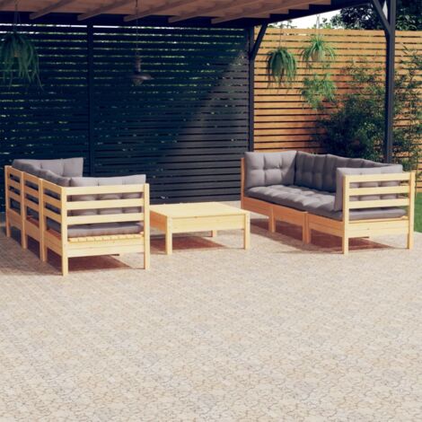 7-tlg. Garten-Lounge-Set mit Grauen Kissen Kiefernholz - Gartengeräte - Gartenmöbel - Loungemöbel - Outdoor Möbel - Rattanmöbel