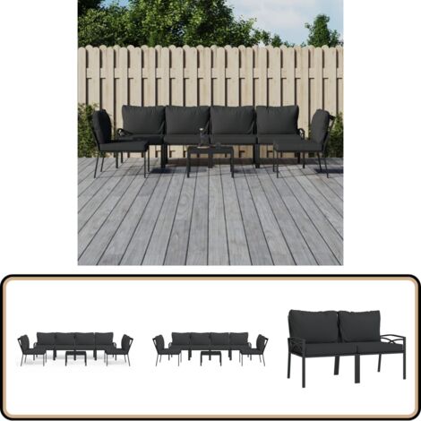 7-tlg. Garten-Lounge-Set mit Grauen Kissen Stahl - Gartenloungeset - Esszimmergarnitur - Balkonmöbeln - Gartentisch - Gartenstühle