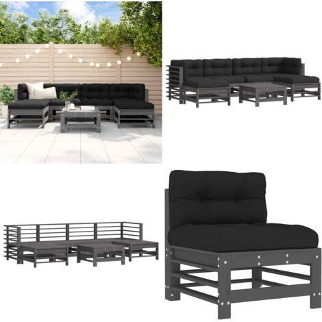 7-tlg. Garten-Lounge-Set mit Kissen Grau Massivholz - Gartenmöbel - Loungemöbel - Rattan Möbel - Holz Gartenmöbel - Esszimmergarnituren - Home & Living
