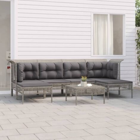 7-tlg. Garten-Lounge-Set mit Kissen Grau Poly Rattan vidaXL
