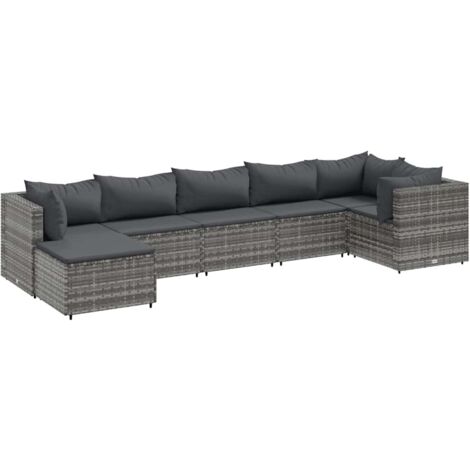 7-tlg. Garten-Lounge-Set mit Kissen Grau Poly Rattan vidaXL