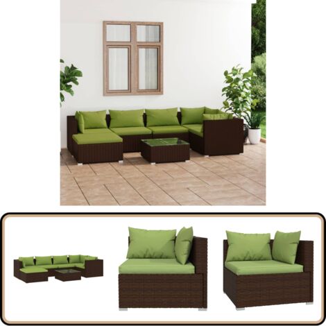 7-tlg. Garten-Lounge-Set mit Kissen Poly Rattan Braun - Garten Lounge Set - Outdoor Möbel - Rattan Gartenmöbel - Loungesessel - Garten Sofa