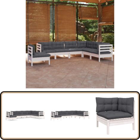7-tlg. Garten-Lounge-Set mit Kissen Weiß Kiefer Massivholz - Garten Lounge Set - Kiefernholzmöbel - Outdoor Möbel - Gartengeräte - Loungemöbel