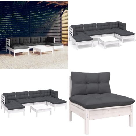 7-tlg. Garten-Lounge-Set mit Kissen Weiß Kiefernholz - Gartenmöbeln - Lounge Set - Kiefernholz - Outdoor Möbel - Gartengeräte - Home & Living