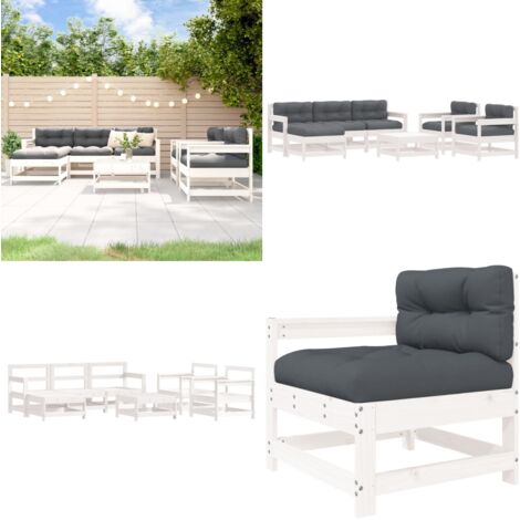 7-tlg. Garten-Lounge-Set mit Kissen Weiß Massivholz - Gartenmöbel - Loungesessel - Gartenloungeset - Rattan Möbel - Holz Gartenmöbel - Home & Living