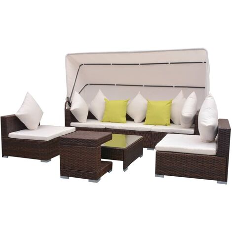 7 Tlg Garten Lounge Set Mit Sonnendach Poly Rattan Braun