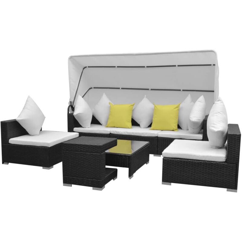 7-tlg. Garten-Lounge-Set mit Sonnendach Poly Rattan Schwarz