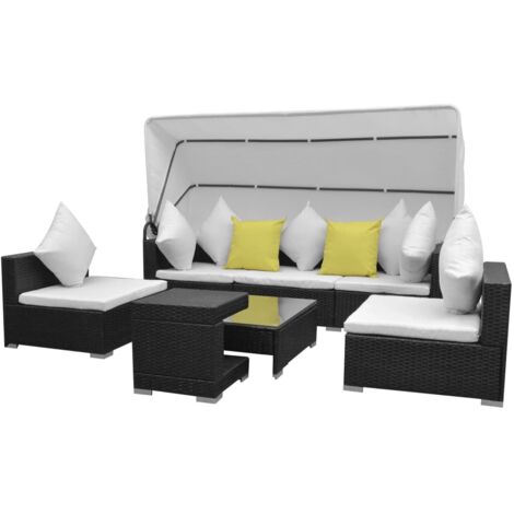 7-tlg. Garten-Lounge-Set mit Sonnendach Poly Rattan Schwarz vidaXL