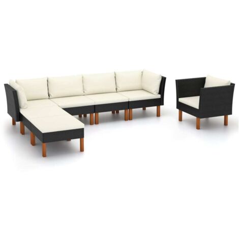 7-tlg. Garten-Lounge-Set Poly Rattan Eukalyptusholz Schwarz