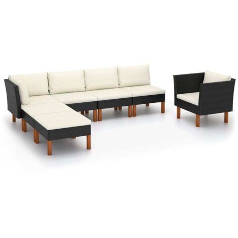 7-tlg. Garten-Lounge-Set Poly Rattan Eukalyptusholz Schwarz