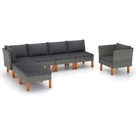 7-tlg. Garten-Lounge-Set Poly Rattan und Eukalyptusholz Grau