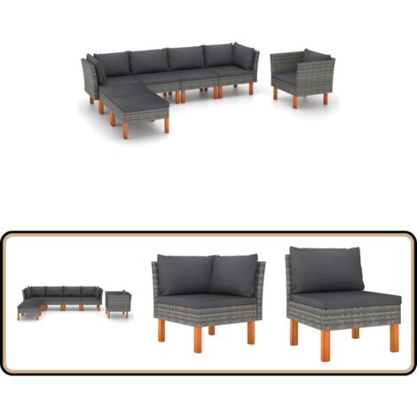 7-tlg. Garten-Lounge-Set Poly Rattan und Eukalyptusholz Grau - Gartensitzgruppe - Lounge-Set - Gartenmöbel - Outdoor-Möbel - Rattanmöbel