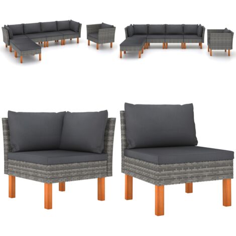 7-tlg. Garten-Lounge-Set Poly Rattan und Eukalyptusholz Grau - Gartensitzgruppe - Lounge-Set - Gartenmöbel - Outdoor-Möbel - Rattanmöbel - Home & Living