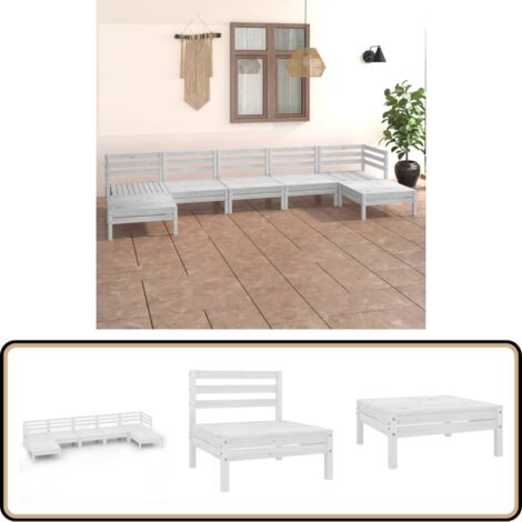 7-tlg. Garten-Lounge-Set Weiß Massivholz Kiefer - Gartenmöbel - Loungesessel - Gartenloungeset - Rattan Möbel - Kiefernholzmöbel