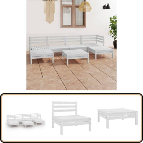 7-tlg. Garten-Lounge-Set Weiß Massivholz Kiefer - Gartenmöbel Set - Loungemöbel - Gartenloungeset - Rattan Möbel - Kiefernholzmöbel