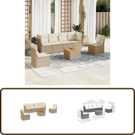 7-tlg. Garten-Sofagarnitur mit Kissen Beige Poly Rattan - Gartenmöbel - Esstischgarnitur - Lounge Set - Rattan Möbel - Gartenlounge