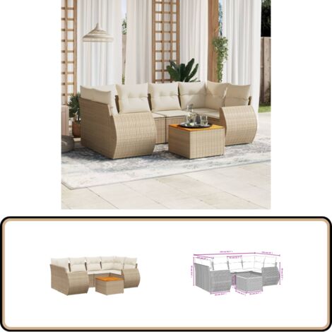 7-tlg. Garten-Sofagarnitur mit Kissen Beige Poly Rattan - Gartenmöbel - Esstischgarnituren - Outdoor Möbel - Lounge Set - Rattan Gartenmöbel