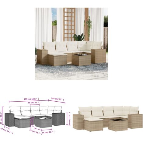 7-tlg. Garten-Sofagarnitur mit Kissen Beige Poly Rattan - Gartenmöbel - Esszimmergarnituren - Outdoor Möbel - Lounge Set - Rattan Gartenmöbel - Home & Living