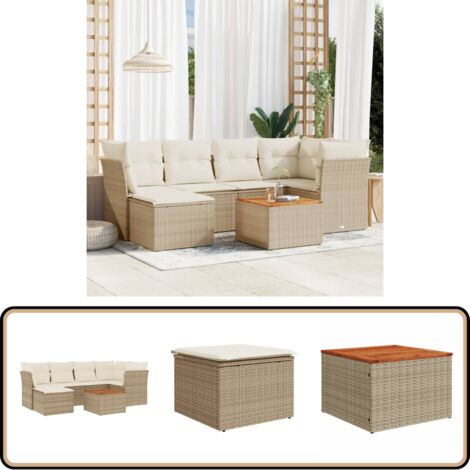 7-tlg. Garten-Sofagarnitur mit Kissen Beige Poly Rattan - Gartenmöbel Set - Esszimmergarnitur Outdoor - Lounge Möbel - Rattan Gartenset - Gartenlounge