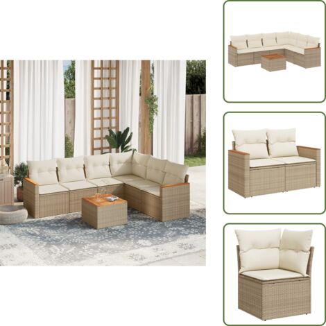 7-tlg. Garten-Sofagarnitur mit Kissen Beige Poly Rattan - Gartenmöbel Set - Outdoor Lounge - Rattan Gartenset - Esstisch Set - Balkonmöbel