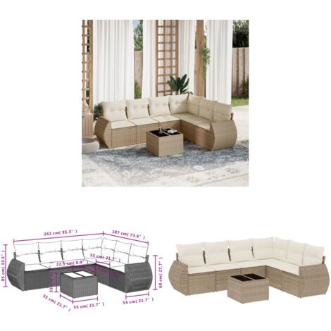7-tlg. Garten-Sofagarnitur mit Kissen Beige Poly Rattan - Gartenmöbel Set - PE-Rattan Möbel - Outdoor Lounge - Esstisch Set - Balkonmöbel - Home & Living