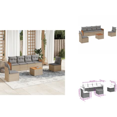 7-tlg. Garten-Sofagarnitur mit Kissen Beige Poly Rattan - Gartenmöbel Set - PE-Rattan Möbel - Outdoor Lounge - Esstisch - Sofasitzgruppe