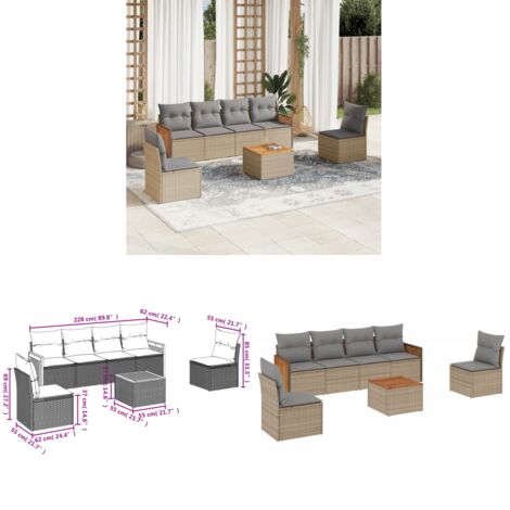 7-tlg. Garten-Sofagarnitur mit Kissen Beige Poly Rattan - Gartenmöbel Set - PE-Rattan Möbel - Outdoor Lounge - Esstisch - Sofasitzgruppe - Home & Living