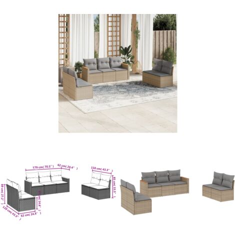 7-tlg. Garten-Sofagarnitur mit Kissen Beige Poly Rattan - Gartensofas - Outdoor Möbel - Lounge Set - Gartenlounge - Rattan Sofa - Home & Living