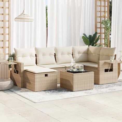 7-tlg. Garten-Sofagarnitur mit Kissen Beige Poly Rattan vidaXL