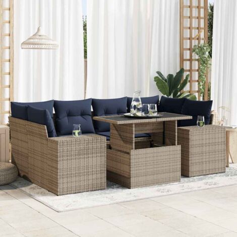 7-tlg. Garten-Sofagarnitur mit Kissen Grau Poly Rattan Akazie vidaXL