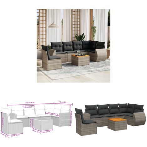 7-tlg. Garten-Sofagarnitur mit Kissen Grau Poly Rattan - Gartenmöbel - Esstischgarnituren - Outdoor Möbel - Lounge Set - Rattan Gartenmöbel - Home & Living
