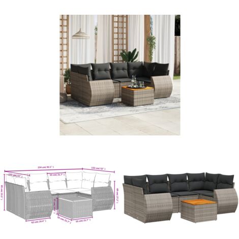 7-tlg. Garten-Sofagarnitur mit Kissen Grau Poly Rattan - Gartenmöbel - Esstischgarnituren - Outdoor Möbel - Lounge Set - Rattan Gartenmöbel - Home & Living