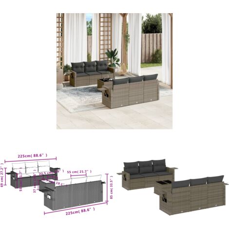 7-tlg. Garten-Sofagarnitur mit Kissen Grau Poly Rattan - Gartenmöbel - PE-Rattan - Outdoor Möbel - Lounge Set - Sofasitzgruppe - Home & Living