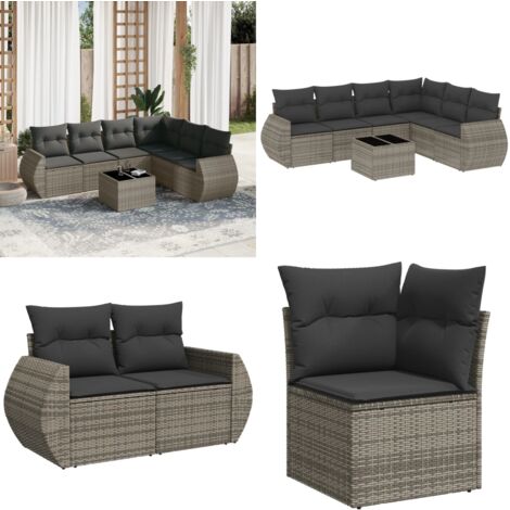 7-tlg. Garten-Sofagarnitur mit Kissen Grau Poly Rattan - Gartenmöbel Set - Esszimmergarnitur Outdoor - Lounge Möbel - Rattan Gartenset - Balkonmöbel - Home & Living