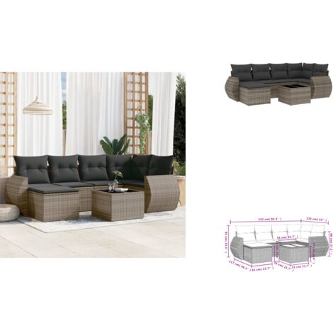 7-tlg. Garten-Sofagarnitur mit Kissen Grau Poly Rattan - Gartenmöbel Set - Outdoor Möbel - Rattan Gartenset - Lounge Set - Esstisch Set