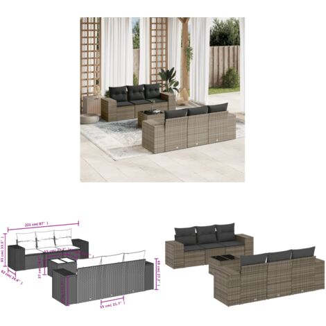 7-tlg. Garten-Sofagarnitur mit Kissen Grau Poly Rattan - Gartenmöbel Set - PE-Rattan Möbel - Outdoor Lounge - Esstisch Set - Balkonmöbel - Home & Living