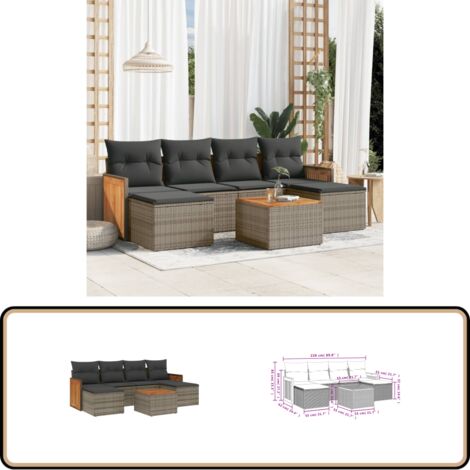7-tlg. Garten-Sofagarnitur mit Kissen Grau Poly Rattan - Gartenmöbel Set - PE-Rattan Möbel - Outdoor Lounge - Esstisch - Sofasitzgruppe