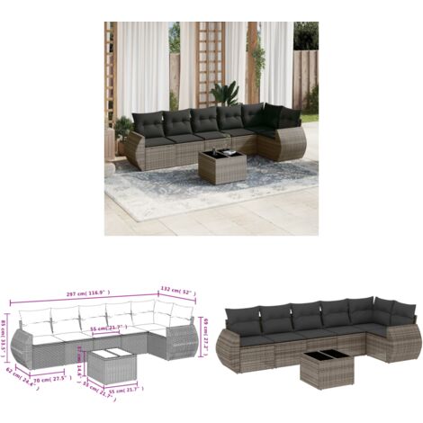 7-tlg. Garten-Sofagarnitur mit Kissen Grau Poly Rattan - Gartenmöbel Set - PE-Rattan Möbel - Outdoor Lounge - Garten Sofa - Esstisch Set - Home & Living